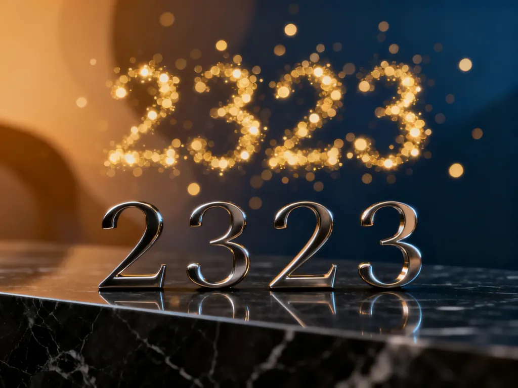 Złote, świecące cyfry 2323 na ciemnym marmurowym blacie, symbolizujące mistyczną energię liczby w numerologii.