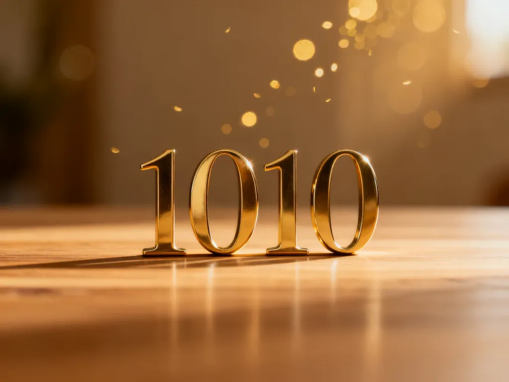 Elegancka metalowa liczba „1010” stojąca na drewnianym blacie w otoczeniu ciepłego, rozmytego światła typu bokeh.