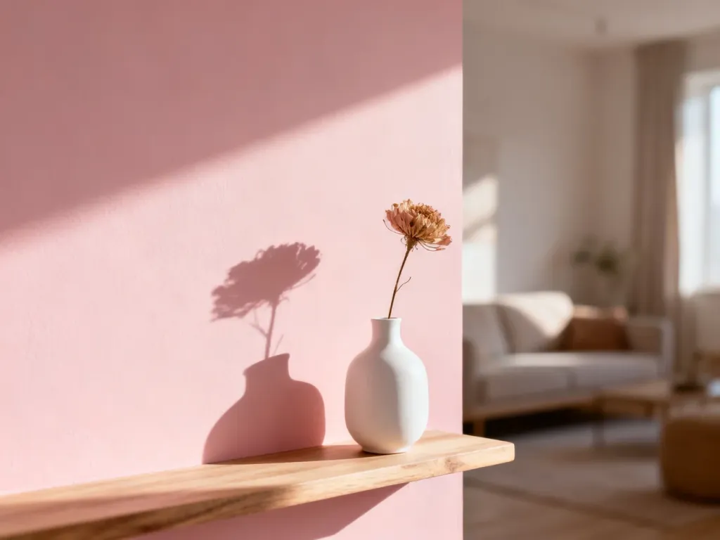 Ściana pomalowana na delikatny, pastelowy odcień różu Cotton Candy z białą wazą na drewnianej półce w przytulnym wnętrzu.