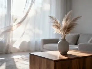 Elegancki salon z sofą w odcieniu fango, łączącym szarość z brązem, na tle minimalistycznej ściany w kolorze kremowym.