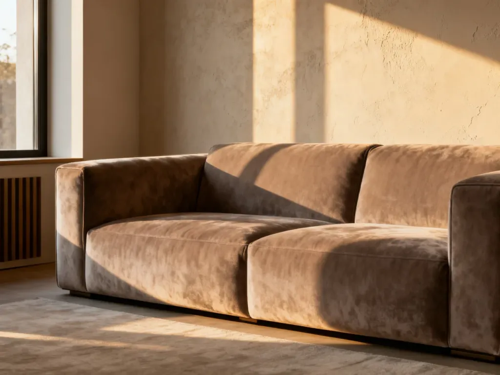 Minimalistyczny salon z elegancką sofą w kolorze taupe, oświetlony ciepłym światłem słonecznym.