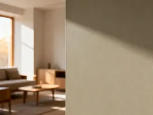 Minimalistyczny salon z elegancką sofą w kolorze taupe, oświetlony ciepłym światłem słonecznym.