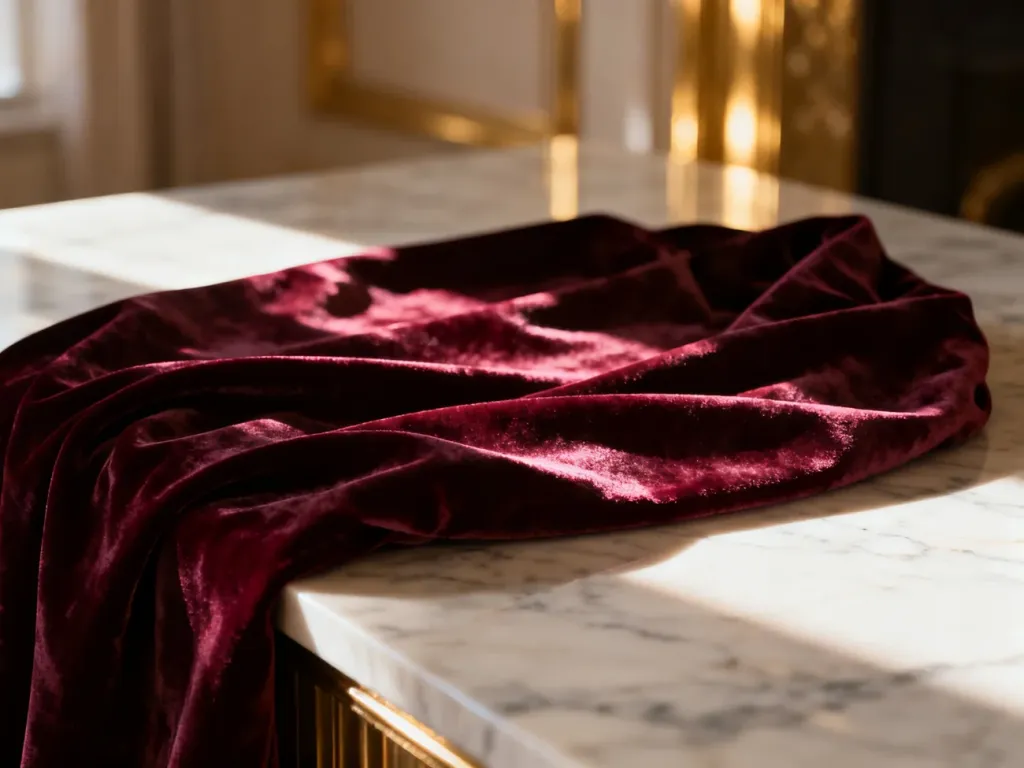 Elegancka tkanina w kolorze burgundu ułożona na marmurowym blacie w luksusowym wnętrzu.