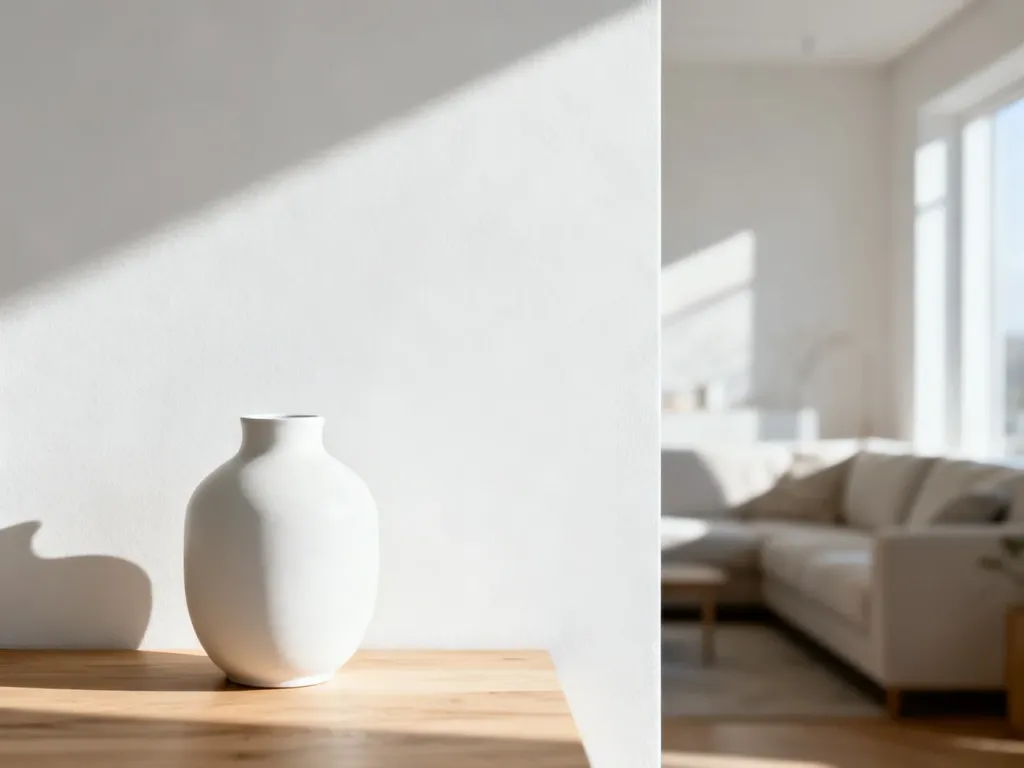 Minimalistyczne wnętrze z białą ścianą w odcieniu RAL 9016, ozdobione ceramicznym wazonem na dębowym blacie.