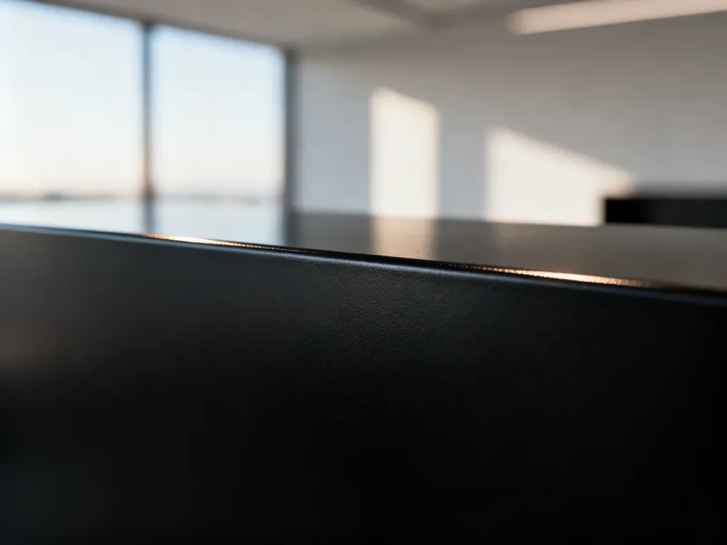 Zbliżenie na matową, czarną powierzchnię metalową w odcieniu RAL 9005 o subtelnym, eleganckim wykończeniu.