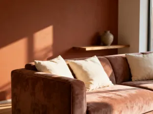 Próbka koloru RAL 7021 w odcieniu antracytowym na dębowym stole w nowoczesnym, minimalistycznym salonie.
