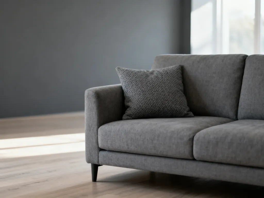 Nowoczesny salon w odcieniach szarości z minimalistyczną sofą, prezentujący eleganckie wykorzystanie tego koloru we wnętrzu.