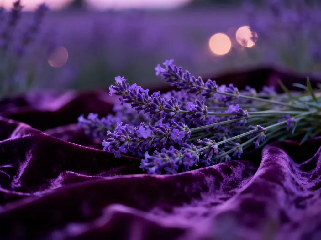 Artystyczna kompozycja kwiatów lawendy i fioletowych tkanin, oddająca mistyczną oraz elegancką naturę koloru purpurowego.