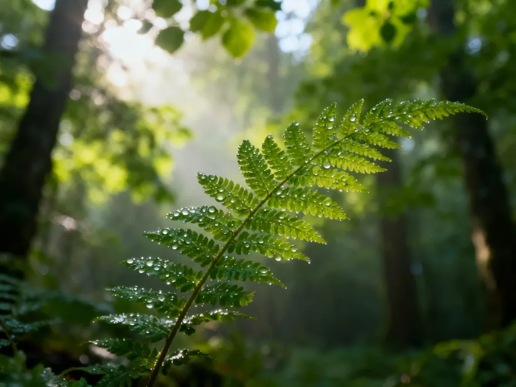 Soczysta zieleń lasu z kroplami rosy na liściu paproci, symbolizująca naturę, świeżość i spokój.