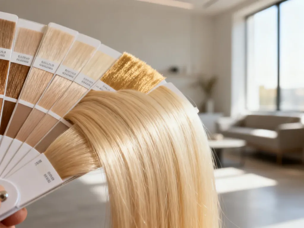 Paleta odcieni typu bambi blonde prezentująca pasma w kolorach ciepłego beżu i kremowego blondu.