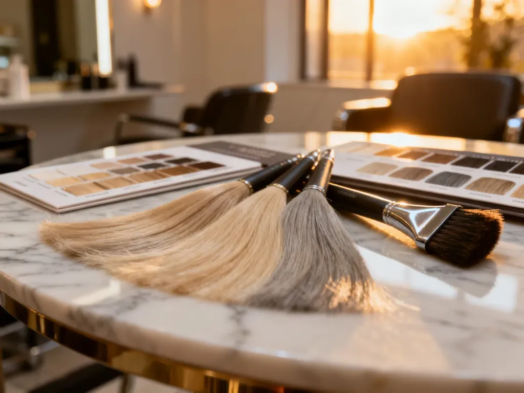 Paleta profesjonalnych próbek włosów w odcieniu fawn blonde na marmurowym stole w nowoczesnym salonie fryzjerskim.