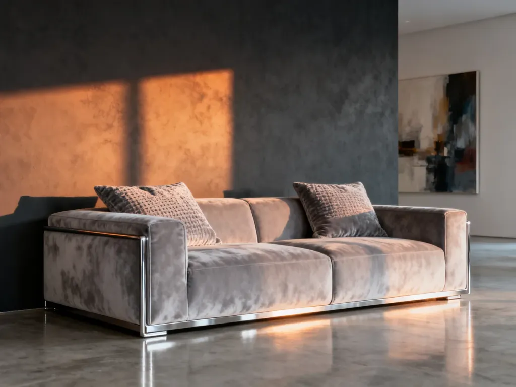 Nowoczesny salon z grafitową ścianą akcentującą, jasnoszarą sofą i betonową podłogą, utrzymany w minimalistycznym stylu.