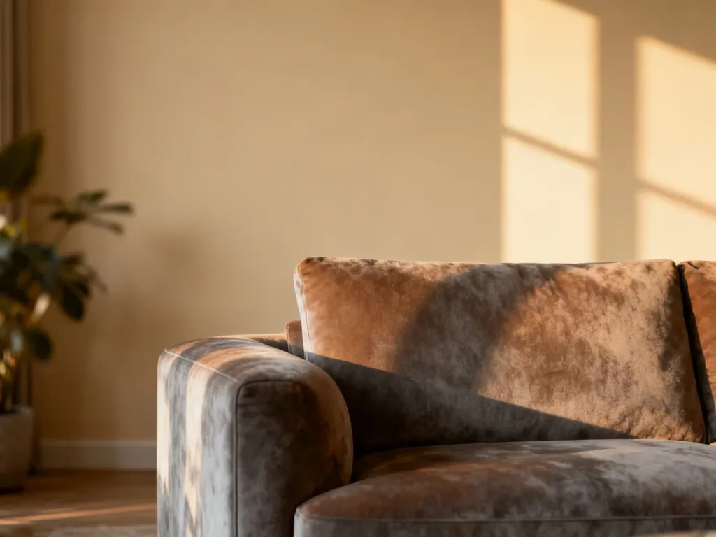 Elegancki salon z sofą w odcieniu fango, łączącym szarość z brązem, na tle minimalistycznej ściany w kolorze kremowym.